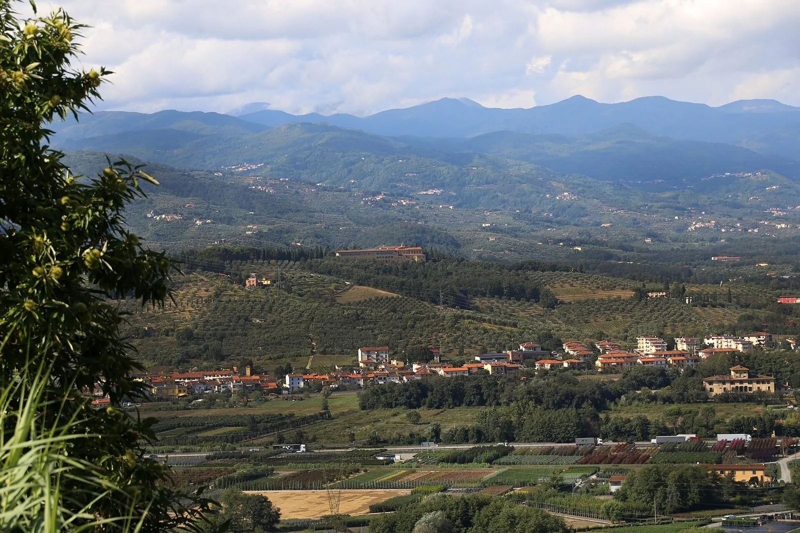 Vista dalla collina sulla piana pistoiese con le file colorate dei vivai e l'Appennino sullo sfondo